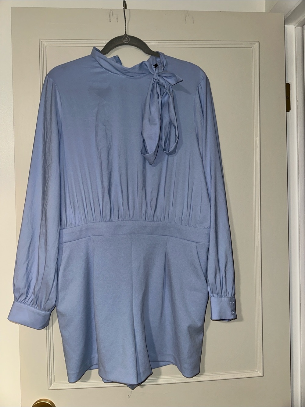 Women's Light Blue Tie-Neck Long Sleeve Romper